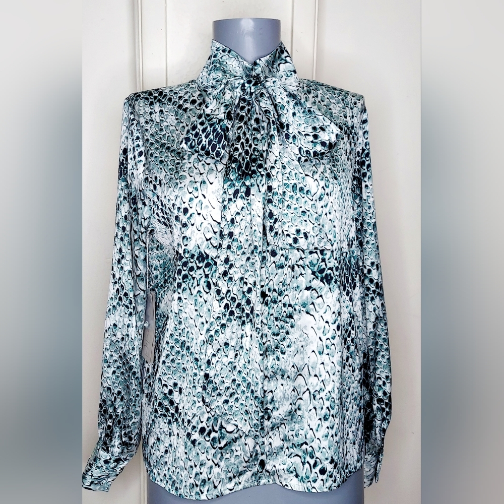 Worthington Womens Petite PS Bow Tie Neck Blouse Green Snake Print Long Sleeves